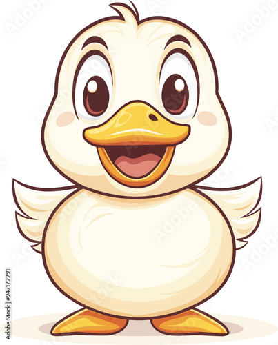 Round duck with a simple beak, round body, and a cheerful expression, white background, vector art cartoon style