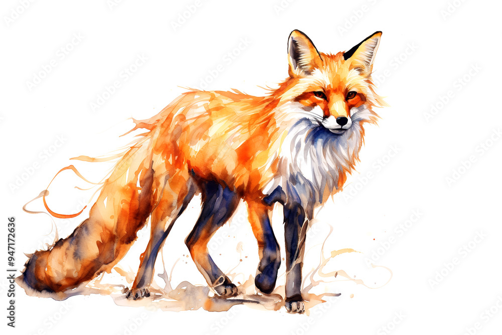Watercolor painting of a majestic red fox, with alert eyes and a fluffy tail, standing in a field of autumnal colors. Wildlife Animals. Watercolor painting of a majestic red fox, with alert eyes and a fluffy tail, standing in a field of autumnal colors. Wildlife Animals.