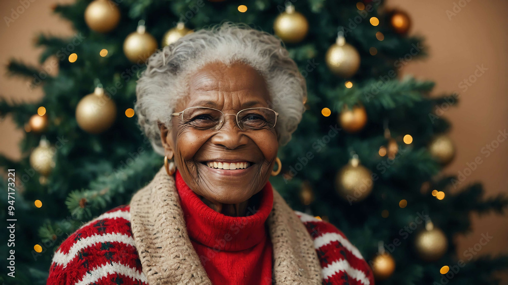 elderly african girl christmas tree background portrait elderly african girl christmas tree background portrait