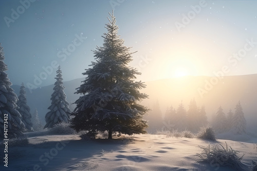 Snow Covered Pine Tree in Snowy Mountain Landscape at Sunrise