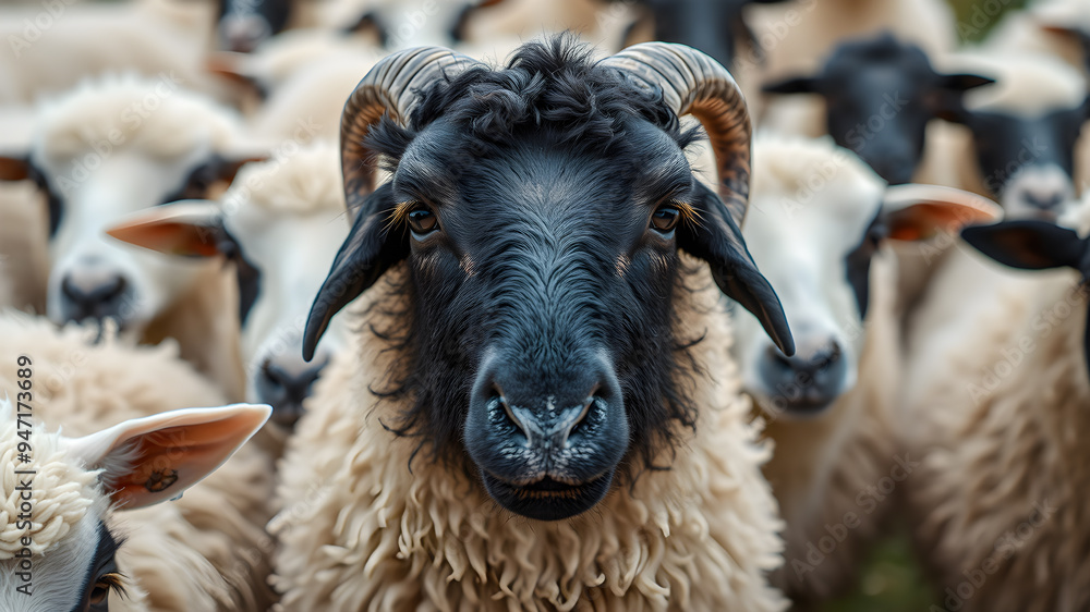 Fototapeta premium Close up of one black sheep between flock of white sheep. Generative AI