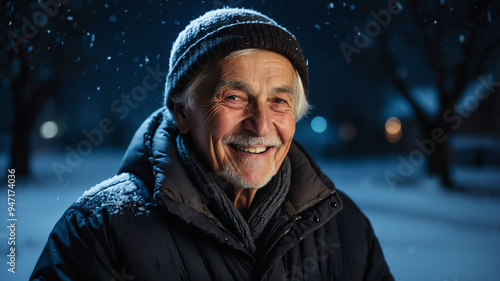 elderly caucasian boy winter night background portrait