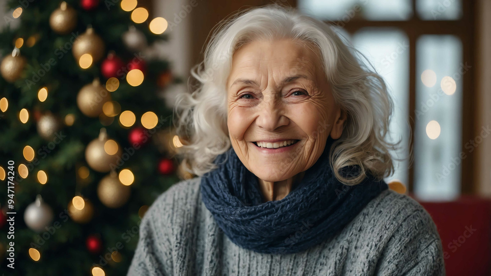 elderly caucasian girl christmas tree background portrait elderly caucasian girl christmas tree background portrait