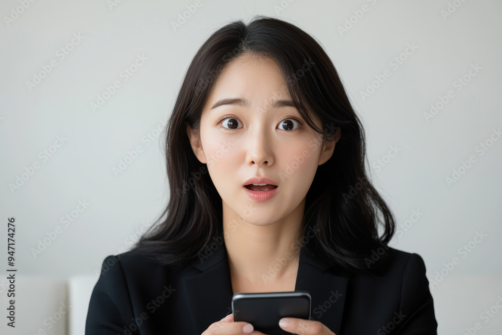 Korean business woman with surprised expression while holding a cell phone Korean business woman with surprised expression while holding a cell phone