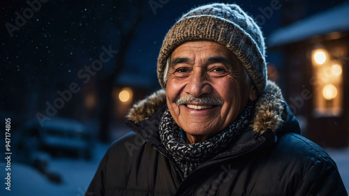 elderly hispanic boy winter night background portrait