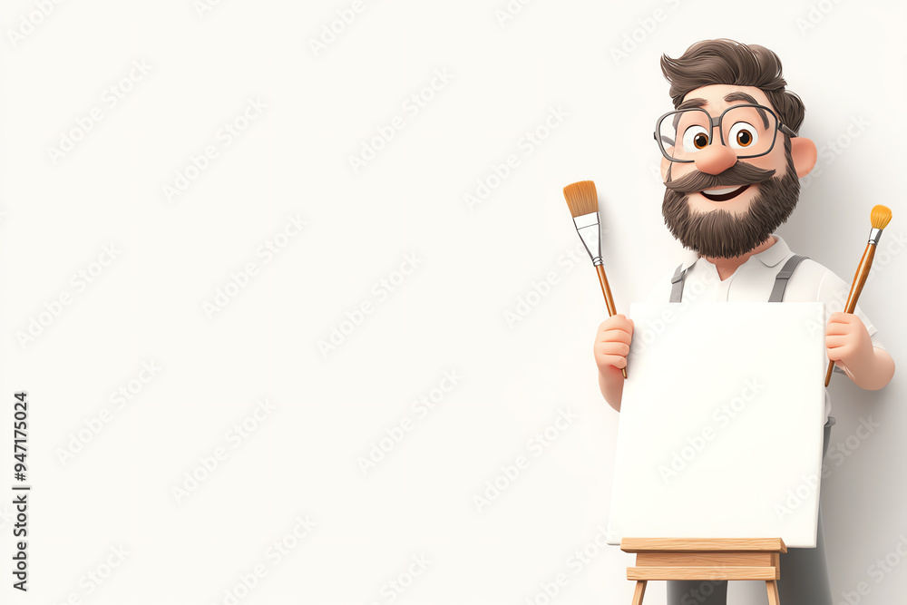A cheerful artist holding paintbrushes, ready to create a masterpiece on a blank canvas. Perfect for art-themed projects. A cheerful artist holding paintbrushes, ready to create a masterpiece on a blank canvas. Perfect for art-themed projects.