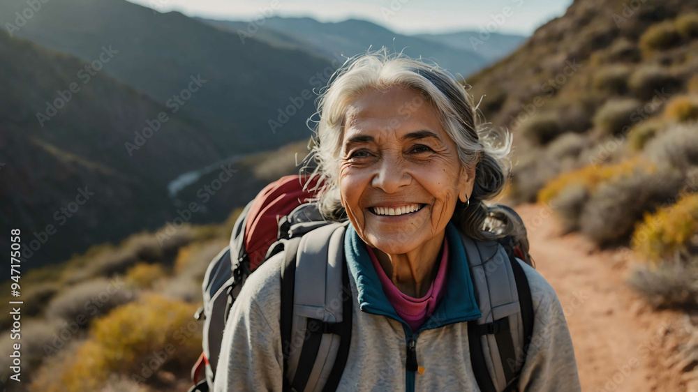 elderly hispanic girl hiking trail background portrait elderly hispanic girl hiking trail background portrait