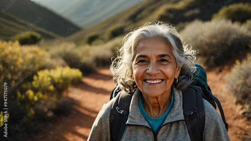 elderly hispanic girl hiking trail background portrait elderly hispanic girl hiking trail background portrait