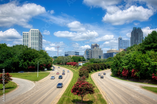 A cityscape of Raleigh, North Carolina with cars traveling out of the capital city on a summer day.  HDR.