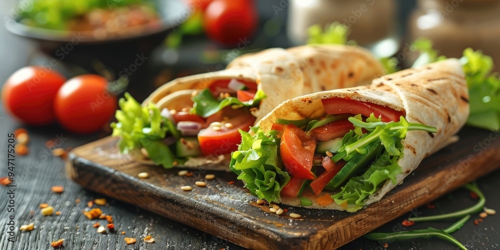 Homemade salad wrap on pita bread: a healthy and nourishing option. Homemade salad wrap on pita bread: a healthy and nourishing option.