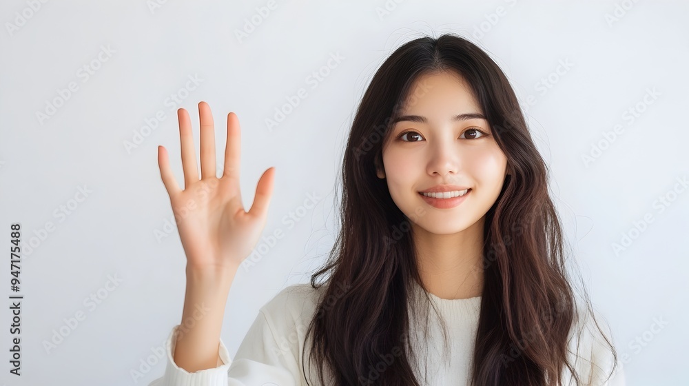 Friendly Asian Woman Waving Hand in Greeting with Warm Smile on White Background Friendly Asian Woman Waving Hand in Greeting with Warm Smile on White Background