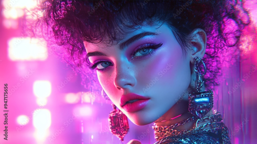 A striking woman in vibrant neon lighting showcasing colorful makeup and fashion jewelry, exuding a futuristic and glamorous vibe. A striking woman in vibrant neon lighting showcasing colorful makeup and fashion jewelry, exuding a futuristic and glamorous vibe.