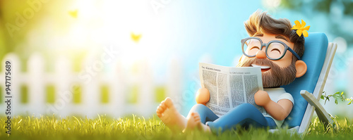A cheerful character relaxing in a chair, reading a newspaper under a sunny sky, surrounded by nature and tranquility.