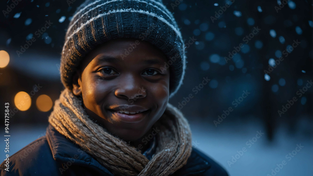 middleaged african boy winter night background portrait middleaged african boy winter night background portrait