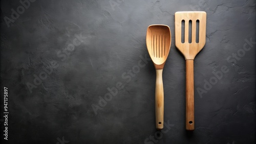 Big and small non stick kitchenware spatula on black background , kitchen utensil, cooking tool photo