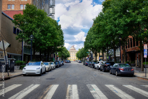 A nice street view of the capital building on Fayetteville Street in the city of Raleigh, North Carolina in HDR.