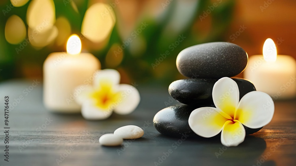 Spa treatment with candles, stones and flowers