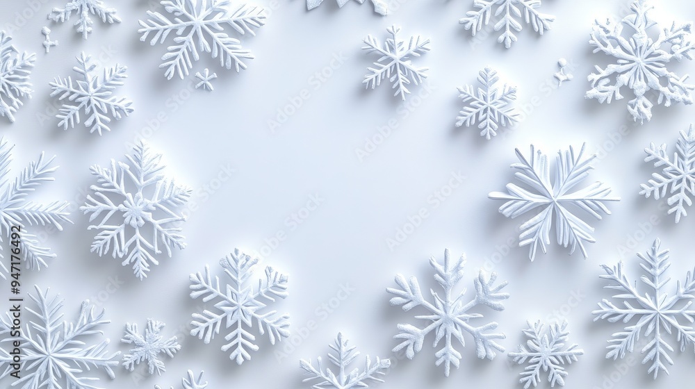 Elegant New Year's snowflakes on a pristine white background, featuring a simple and clean design with a central blank space, perfect for festive greeting cards, invitations, and holiday decorations. Elegant New Year's snowflakes on a pristine white background, featuring a simple and clean design with a central blank space, perfect for festive greeting cards, invitations, and holiday decorations.