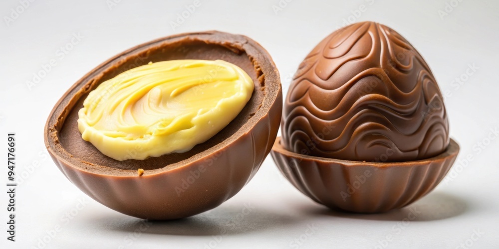 Half opened chocolate easter egg with custard cream inside, Easter, chocolate, egg, custard, sweet, dessert, treat Half opened chocolate easter egg with custard cream inside, Easter, chocolate, egg, custard, sweet, dessert, treat
