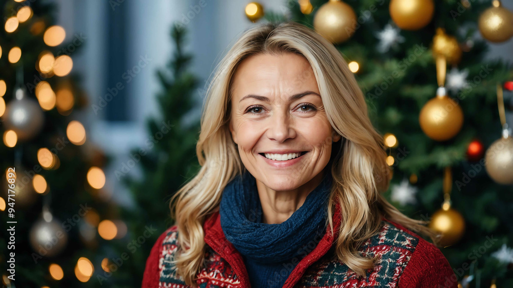 middleaged caucasian girl christmas tree background portrait middleaged caucasian girl christmas tree background portrait
