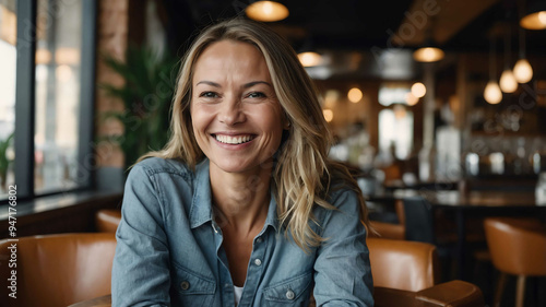 middleaged caucasian girl cafe restaurant background portrait