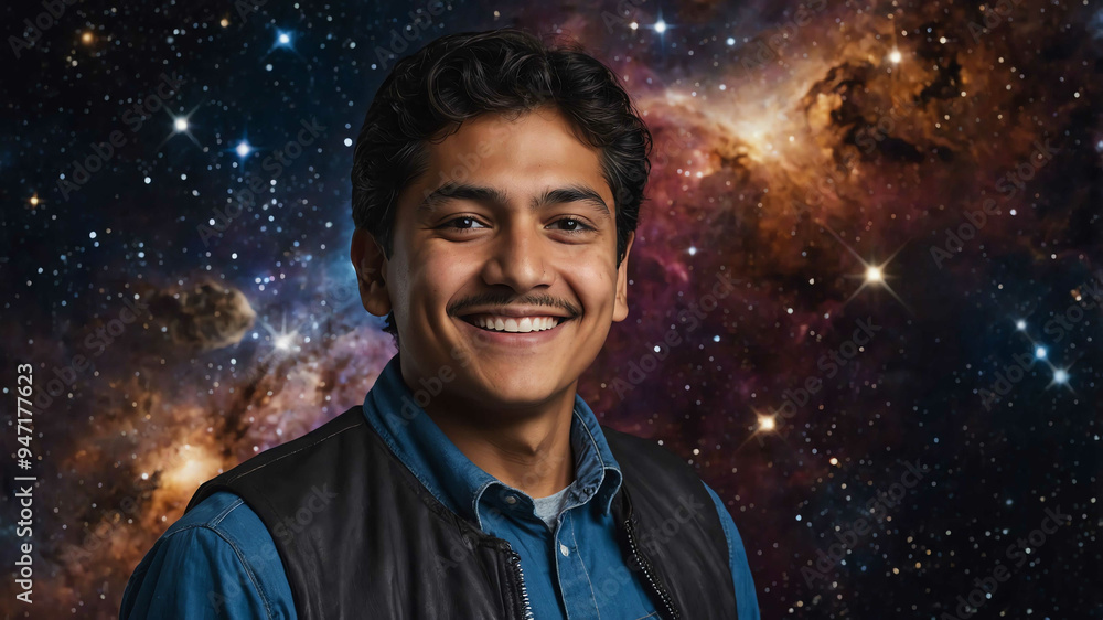 middleaged hispanic boy space cosmos background portrait