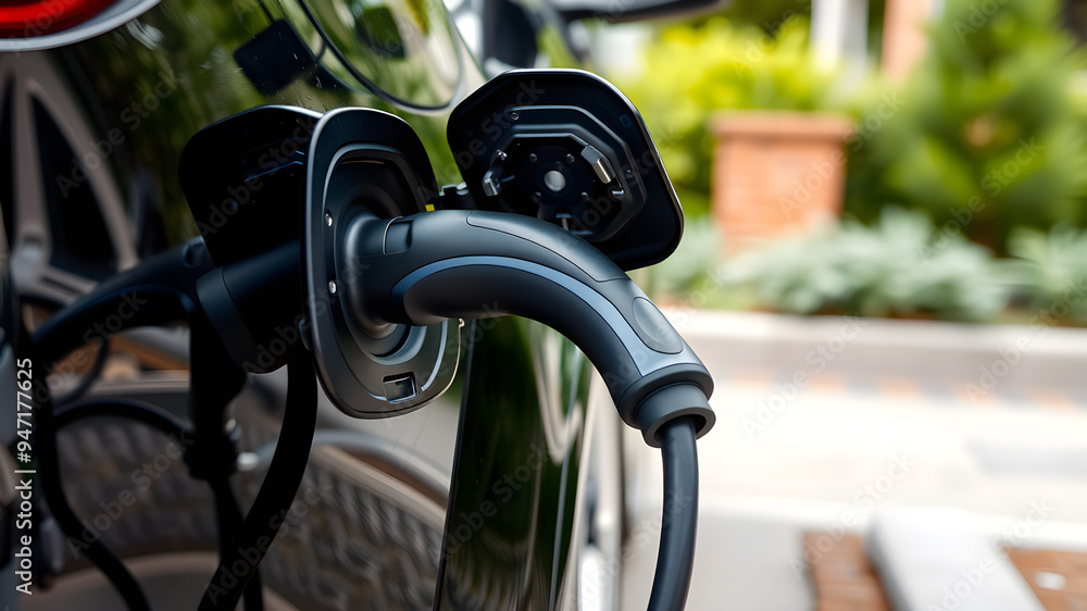 Close up of plug charging environmentally friendly black electric car. Generative AI Close up of plug charging environmentally friendly black electric car. Generative AI