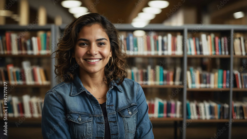 middleaged hispanic girl public library background portrait middleaged hispanic girl public library background portrait