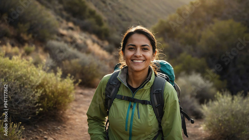 middleaged hispanic girl hiking trail background portrait