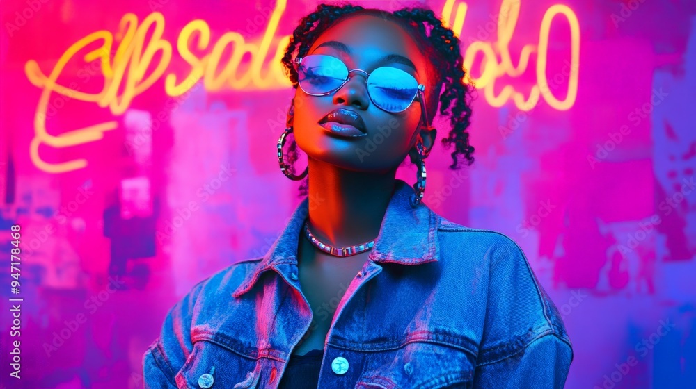 Cool young woman in denim jacket and sunglasses posing confidently against neon lights, radiating vibrant urban style. Cool young woman in denim jacket and sunglasses posing confidently against neon lights, radiating vibrant urban style.