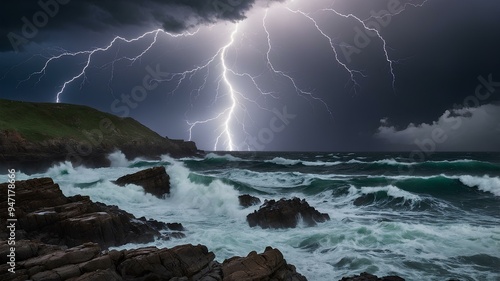 Lightning and waves on rocky shores. Fierce energy, lightning illuminating turbulent sea and rugged coastline during storm. photo