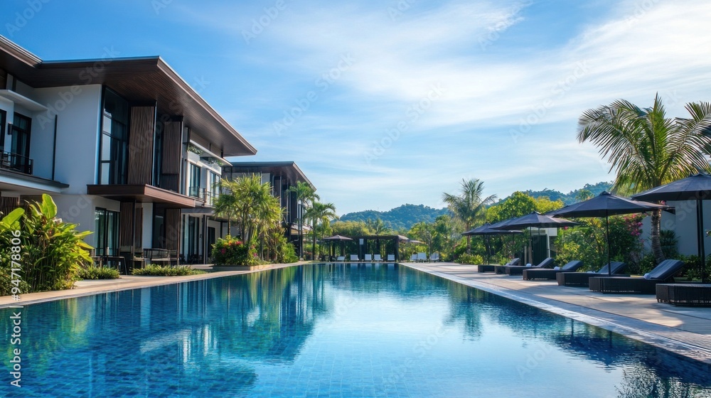 Modern Resort Pool With Tropical Lush Greenery Modern Resort Pool With Tropical Lush Greenery