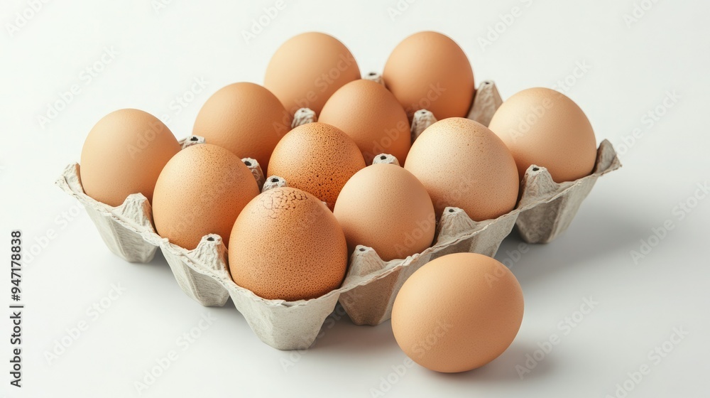 A carton filled with fresh brown eggs, showcasing their natural color and texture on a clean white background. A carton filled with fresh brown eggs, showcasing their natural color and texture on a clean white background.