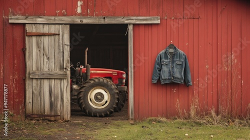 Red Barn with Tractor and Denim Jacket photo