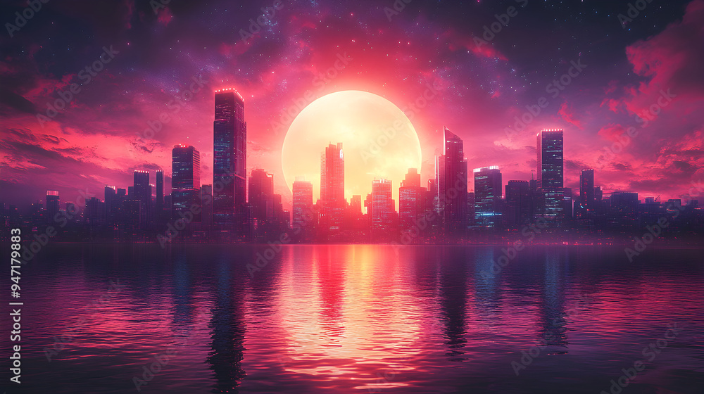 Futuristic Metropolis Skyline with Celestial Moonrise Reflection. Futuristic Metropolis Skyline with Celestial Moonrise Reflection.