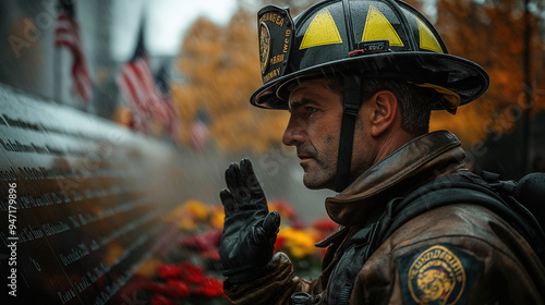 A firefighter remembers his fallen friends in front of a memorial wall engraved with the names of 9/11 heroes, surrounded by American flags and flowers.