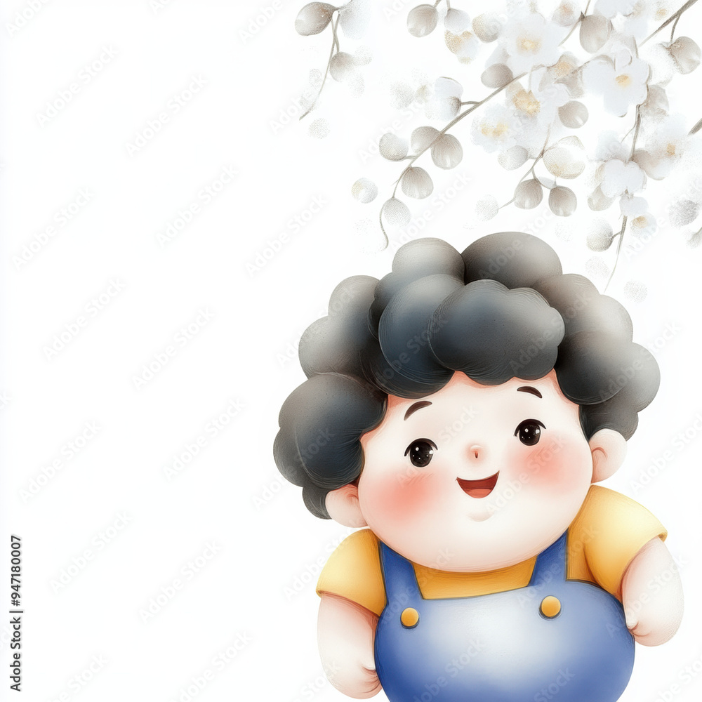 A cheerful cartoon boy with curly hair and blue overall, surrounded by flowers. A cheerful cartoon boy with curly hair and blue overall, surrounded by flowers.