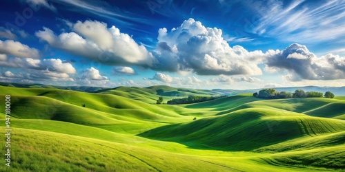 Rolling green hills under blue sky with wispy clouds , picturesque, landscape, nature, countryside, scenic, greenery, grass