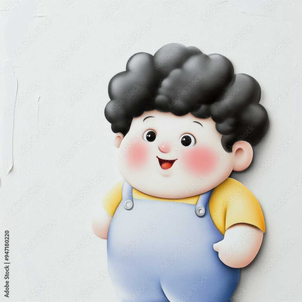 Happy cartoon boy with curly hair wearing overalls and yellow shirt Happy cartoon boy with curly hair wearing overalls and yellow shirt