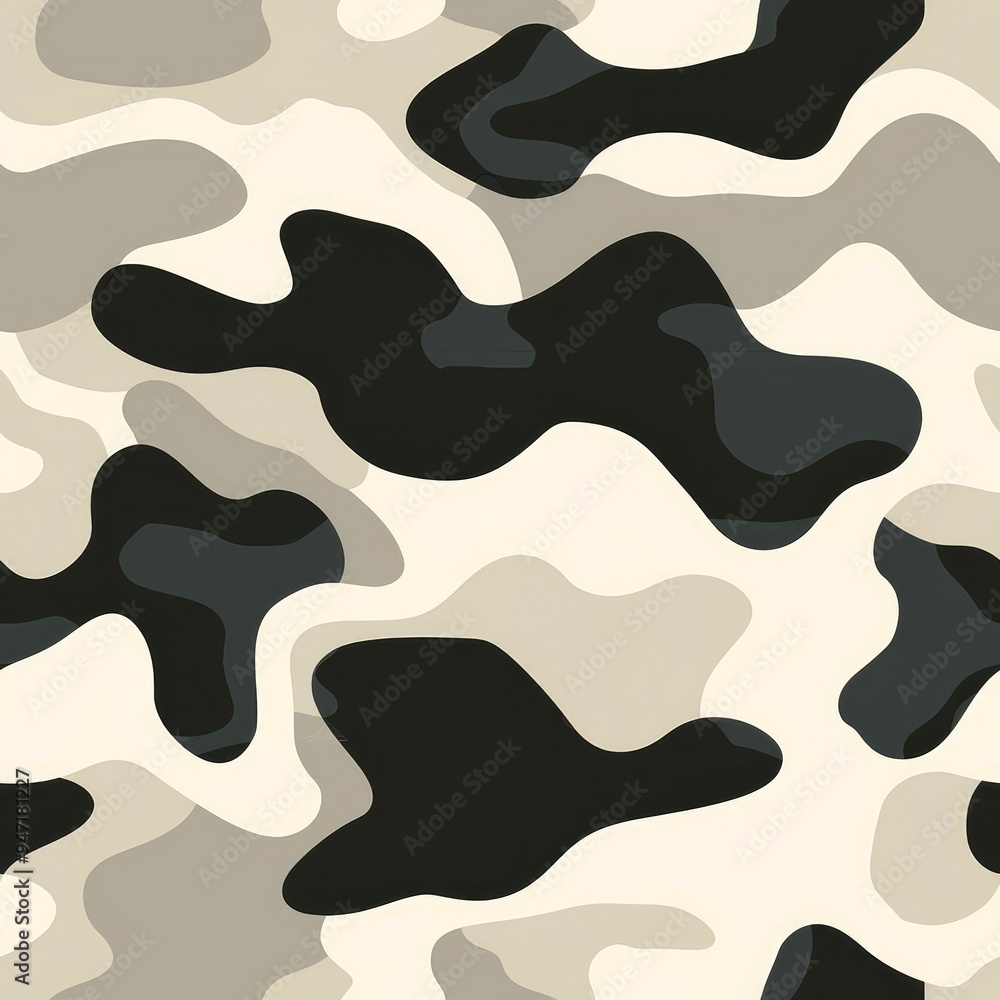 Abstract Camouflage Pattern with Black, Gray, and White Shapes