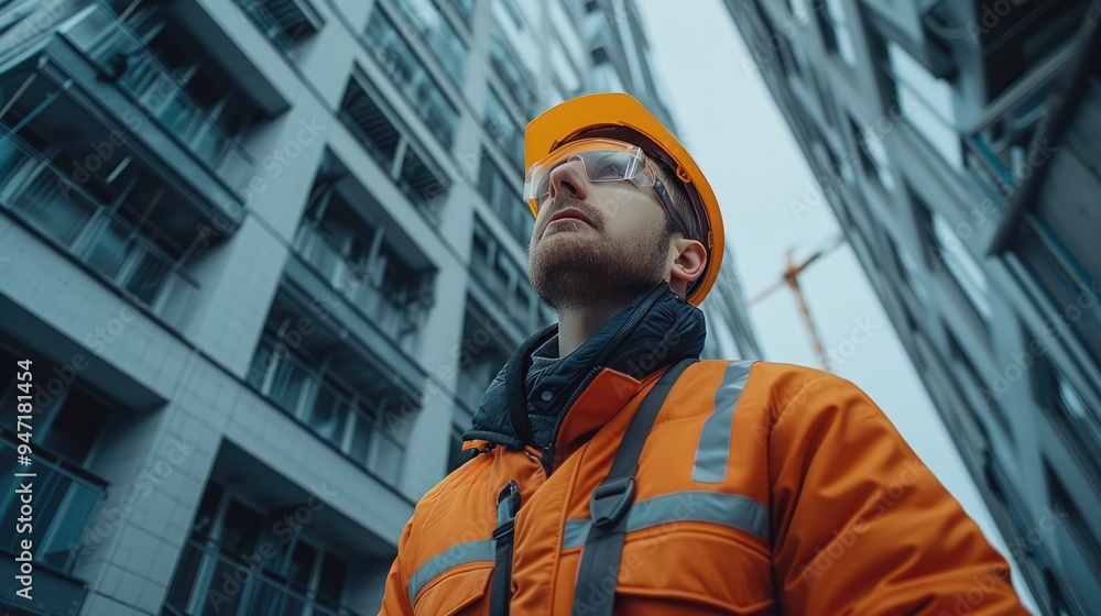 An engineer in a hard hat inspects the exterior of a high-rise building. Generative AI. An engineer in a hard hat inspects the exterior of a high-rise building. Generative AI.