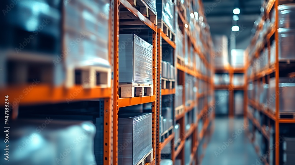 Warehouse aisle with stacked pallets and industrial shelving Warehouse aisle with stacked pallets and industrial shelving