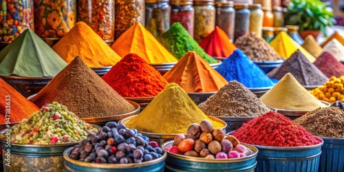 Variety of colorful spices displayed at a Moroccan market stall, Moroccan, Market, Spices, Selection, Colorful, Display