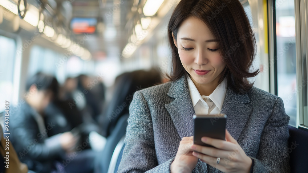 通勤電車でスマートフォンをチェックするビジネスウーマン 通勤電車でスマートフォンをチェックするビジネスウーマン
