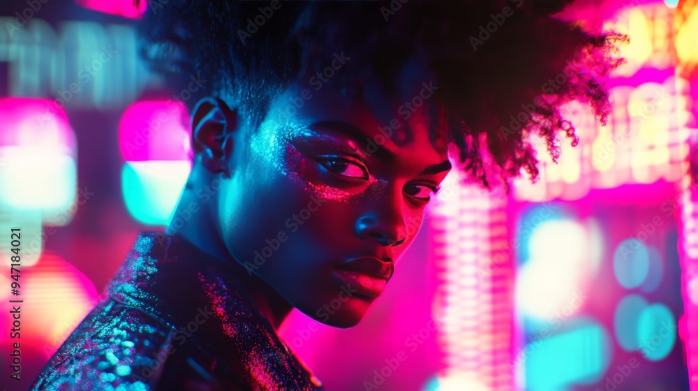 Portrait of a person in vibrant neon lighting with an intense gaze, capturing the essence of modern urban nightlife. Portrait of a person in vibrant neon lighting with an intense gaze, capturing the essence of modern urban nightlife.