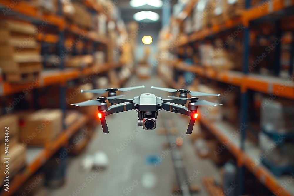 Drone flying through warehouse, advanced inventory management system Drone flying through warehouse, advanced inventory management system