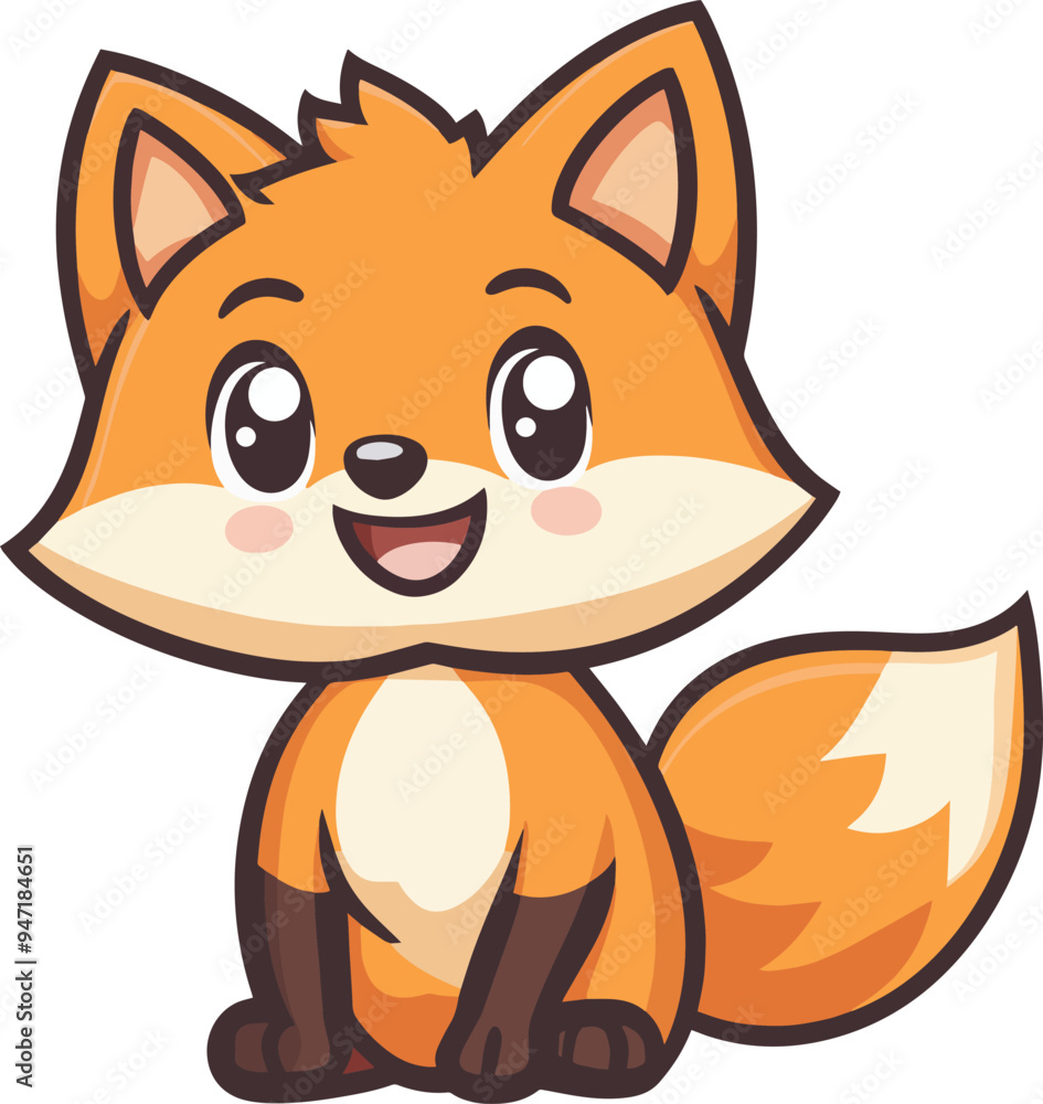 Round fox with a bushy tail, simple ears, and a happy face, white background, vector art cartoon style Round fox with a bushy tail, simple ears, and a happy face, white background, vector art cartoon style