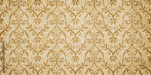 Geometric retro pattern of curlicues and leaves on beige paper texture wallpaper , vintage, background, design