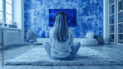 A person relaxes in a cozy blue-themed living room while listening to music through headphones, enjoying a quiet moment photo