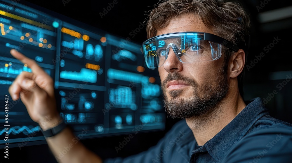 Professional man using augmented reality glasses to analyze data on a ...